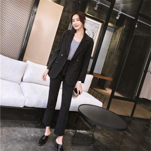 Loose Work Pant Suits OL 2 Piece Sets Double Breasted Striped Blazer Jacket & Zipper Trousers Suit For Women Outfits Feminino