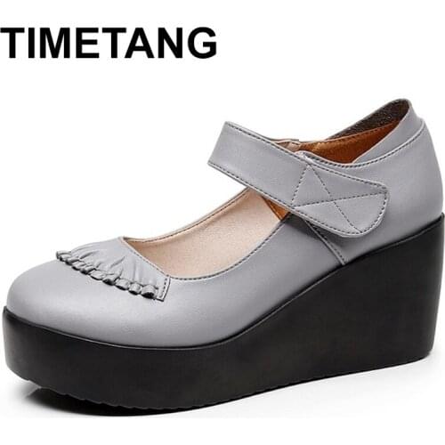TIMETANG 2021 Spring Soft Leather Women Pumps Platform Wedges Round Toes Ankle Strap High Heels Women Shoes Plus Size 34-43