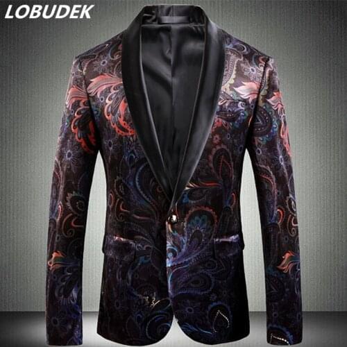 European Style Vintage Blazers High Quality Velvet Printed Suit Jackets Fashion Slim Fit Casual Coat Winter Shawl Collar Blazer