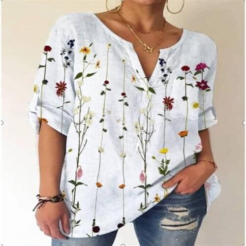 Summer Long Sleeve V Neck Casual Loose T-shirt Vintage Women Plus Size Pullover Flower Leaves Printed Fashion Daily All-Match
