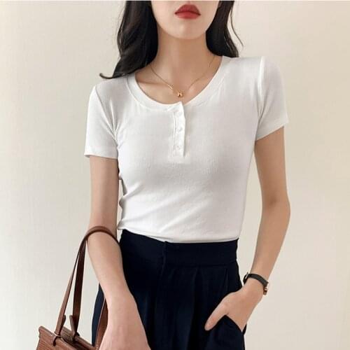 2021 Summer Short Sleeve Womens T-shirt Korean Slim Tops Tee Shirts Femme Button O-neck Ribbed Cotton Knitted Casual Solid Top