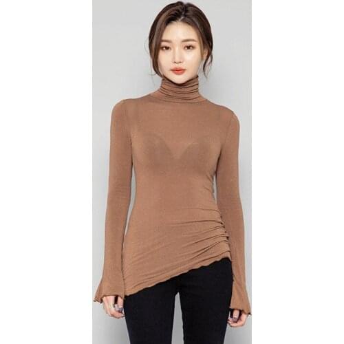 Female Turtle Neck Shirt 2019 Autumn Clothing Unlined Upper Garment High Collar Horn Sleeve T Slim Base Shirt Women Primer Shirt