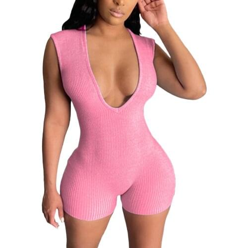 Women Solid Color Short Romper Slim Fit Sleeveless Deep V-neck Jumpsuit for Summer
