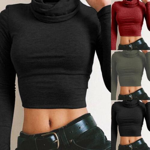 Ladies Women Sexy High Neck Slim FIT Crop Long Sleeve Autumn Casual Tops T Shirt