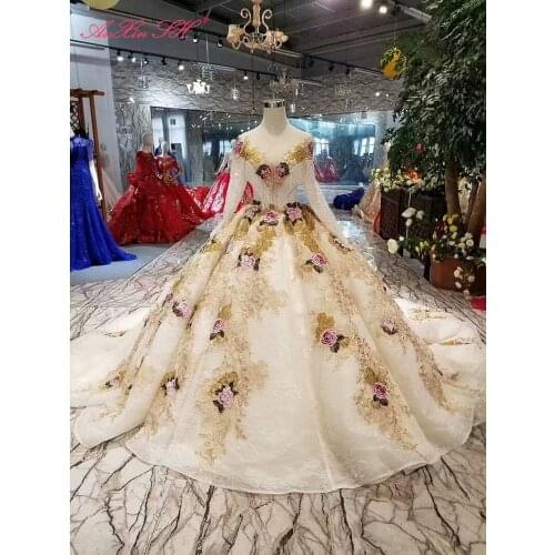 AnXin SH Luxury princess champagne rose flower lace beading crystal illusion o neck long sleeve wedding dress 100% real photo