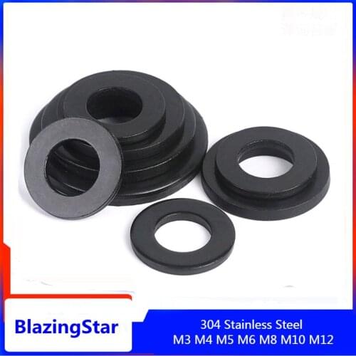 10-100PCS M3 M4 M5 M6 M8 M10 M12 Black 304 Stainless Steel Flat Washer Gaskets Spacers H=0.5-2mm Hardware Fastener
