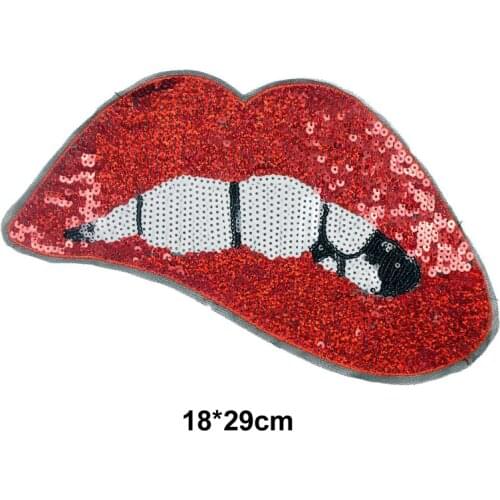 Sequins Red Lips Patches For Garment Accessories Embroidered Sew On Patches For Clothing DIY Motif Applique NL166
