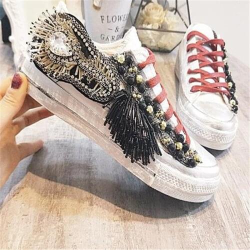 Tide brand heavy industry luxury beaded rhinestone tassel lace distressed small dirty shoes all-match flat canvas shoes