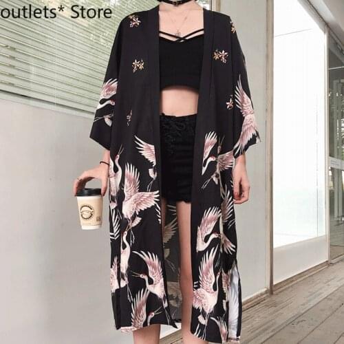 Womens Japanese Kimono Cardigan Yukata Yukata Black Harajuku Jacket Loose Split Printed Top Teen Girl Streetwear Suit