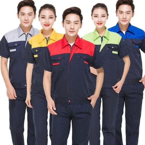 New Summer short-sleeved overalls men women set breathable factory clothing half-sleeved engineering clothing top+pants
