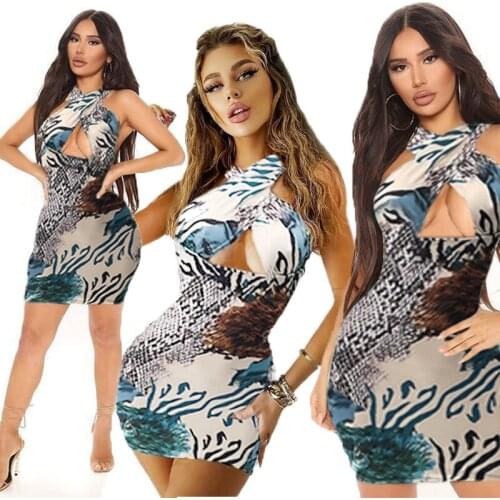 Summer New Womens Sexy Cross Hanging Neck Halter Printed Hollow Dress