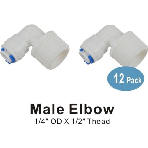 Elbow Adapter 1/2" Thread Male x 1/4" OD Quick Connect QC RO System Fittings - 12 PACK