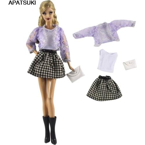 Fashion Doll Clothes Set for Barbie Doll Outfits Purple Coat White Tank Vest Plaided Skirt Purple 1/6 Dolls Accessories Kids Toy