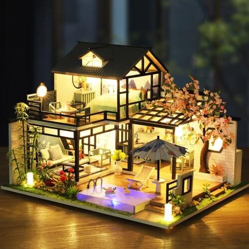 DIY Wooden Doll House Kit Miniature with Furniture Japanese Casa with Swimming Pool Cottage Dollhouse Toys for Adults Xmas Gifts