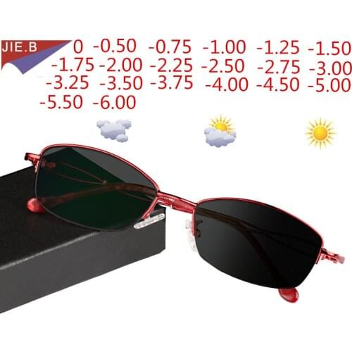 New Design Metal Half-frame Womens Photochromic Prescription Glasses With 0 Degree Chameleon Myopia Glasses 0 -0.50 to -6.0