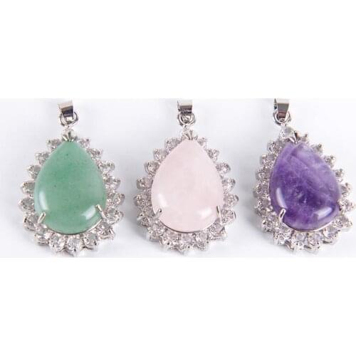 Reiki Natural Gem Stone Water Drop Necklace Pendants Purple Pink Quartz Lapis Lazuli Tiger Eye Opal Rhinestone Jewelry D125-D131