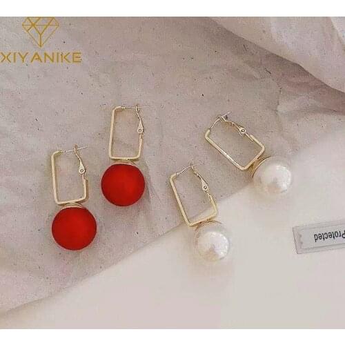 XIYANIKE Hollow Gold Rectangular Hook Dangling Earrings Simple Geometric White Red Champagne Pearl Earrings For Women Jewelry