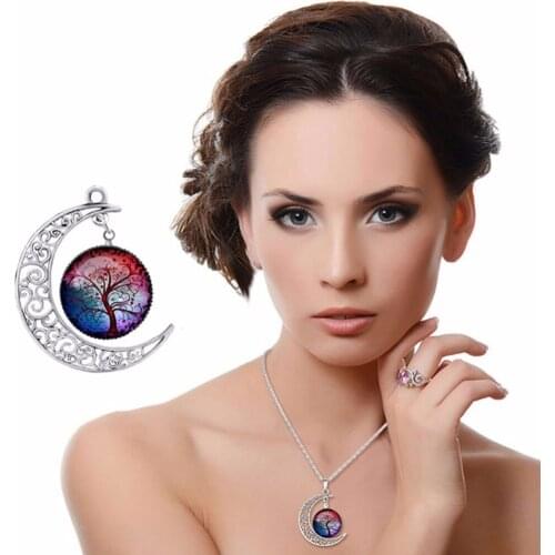 Glass Necklace Colorful Life Tree Art Picture Pendant Statement Chain Crescent Moon For Womens Jewelry