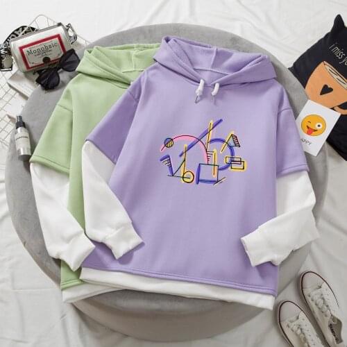 Patchwork Hoodie Women Abstract Graphic Korean Jacket Color Block Sweatshirt Pastel Aesthetic Pullover Soft Fashion Street Wear