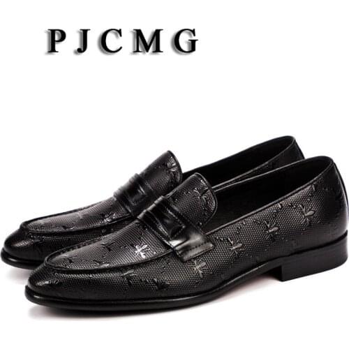 PJCMG Oxford Shoes Red/ Black Business Dress Genuine Leather Pointed Toe Slip-On Wedding Casual Flat Patent Oxford Men Shoes