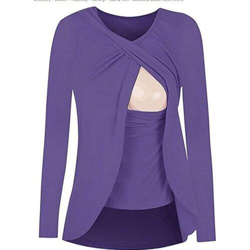 Comfortable maternity dress cotton round neck long sleeves can be fed pure color shirt pregnant women casual wild tops