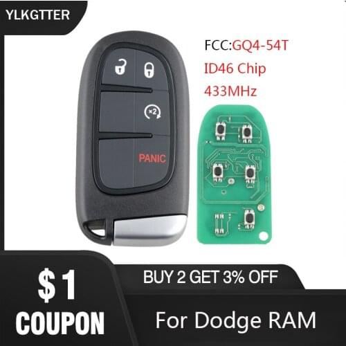 YLKGTTER 433MHz Smart Remote Keyless Go Fob Key for Dodge RAM FCC: GQ4-54T with 4 Button Keyless Entry ID46 Chip