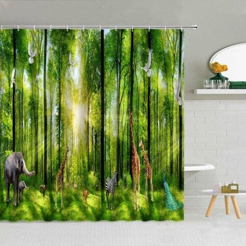 Nature Forest Scenery Shower Curtain Wildlife Elephant Giraffe Zebra Green Bamboo Frabic Bathroom Supplies With Hooks Home Decor