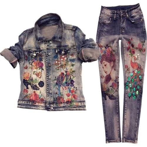 European Style Denim Jacket + Denim Pants Womens Spring Autumn New Personality Printed Jean Jacket Jeans Two-Piece Set Female