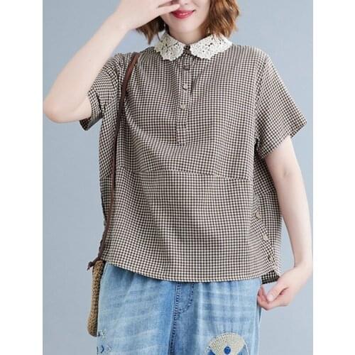 Women Cottton Linen Casual T-shirts New Arrival 2021 Summer Vintage Style Lace Collar Loose Female Plaid Tops Tees B881