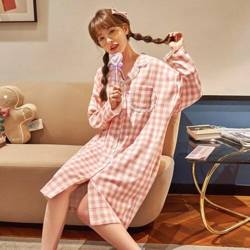 Spring/autumn Pure Cotton Long Sleeve Women Nightdress Hot Sell Winter Long Sleep Skirt Homewear Simple Comfy Plaid Ladies Dress