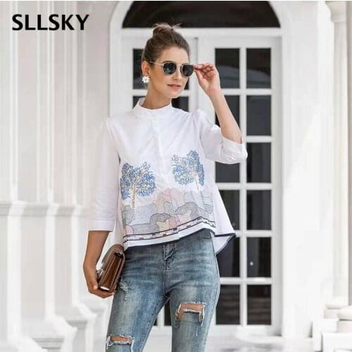 Sllsky Embroidery Women Shirt Casual Blouses Ladies White Doll Shirt 2021 Spring And Autumn New Arrival Fashion 3/4 Sleeve