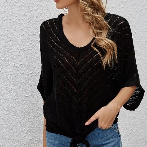 Summer Women England Style Half Sleeve Solid Color V-neck Hollow Out Batwing Sleeved Knitting Shirt Loose Casual Ladies T-shirt
