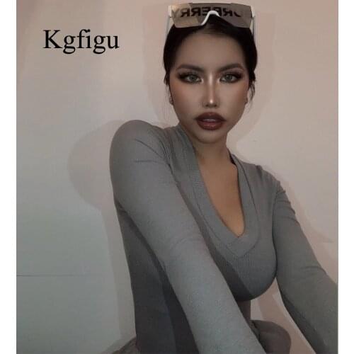 KGFIGU Women long sleeve deep v neck grey bodysuits 2020 New Arrivals rib bodycon short overalls drop shipping