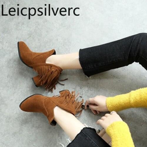 Ankle Boots Autumn And Winter fashion The New Round head tassel mid heel Short tube Womens shoes plus size 34-48 5.5cm high