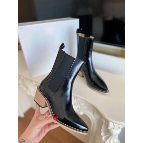 Pointed Toe Brand Shoes Wedge High Heel Ankle Boots Women Genuine Leather Runway Knight Short Boots Fashion Chelsea Botas Woman