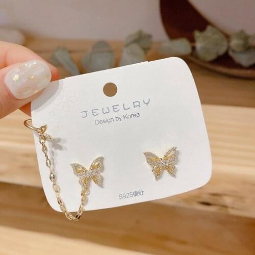 MENGJIQIAO 2021 Korean Cute Zircon Butterfly Stud Earrings For Women Girls Fashion Link Chain Pendientes Jewelry Gifts