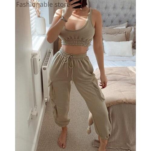 Women Solid Color Sleeveless Crop Top and Pocket Design Drawstring Pants 2pcs Set