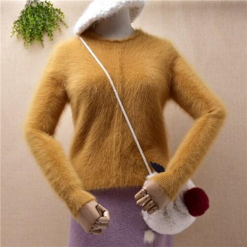 Ladies women fashion hairy fluffy mink cashmere knitted long sleeves slim blouses bottoming pullover angora fur jumper sweater