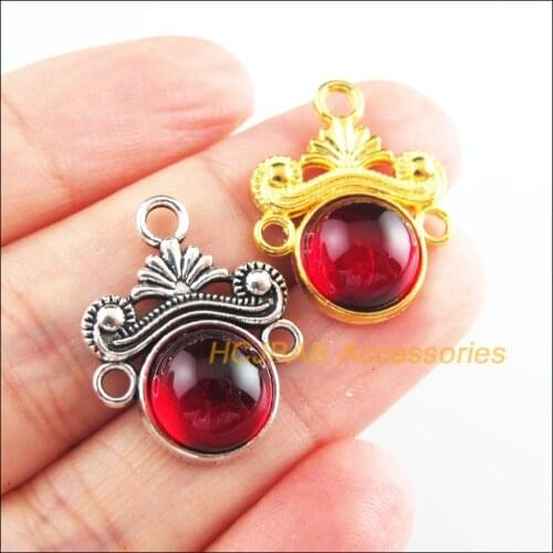 10Pcs Tibetan Silver Tone & Gold Color Round Flower Red Glaze Charms Connectors 18x23mm