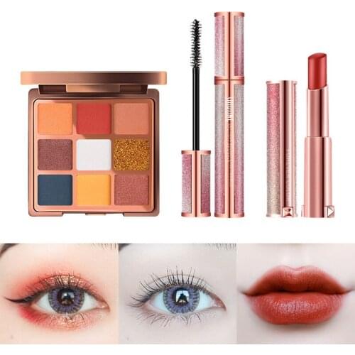 3Pcs/Set Makeup Set Eyeshadow Palette Matte LipStick Mascara Cosmetic Nonstick Cup Long Lasting Easy To Wear TSLM2