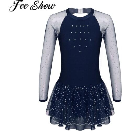 Kids Girls Dress Figure Ice Skating Ballet Tutu Gymnastics Dancewear Leotard Dresses Sequins Rhinestone Polka Dots Leotard Dress