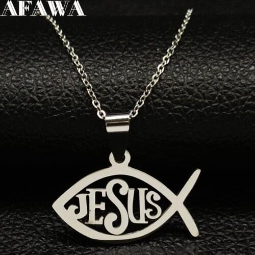 Stainless Steel Chain Necklace Women Silver Color Fish Jesus Statement Necklace Jewelry acero inoxidable joyeria mujer N1041S02