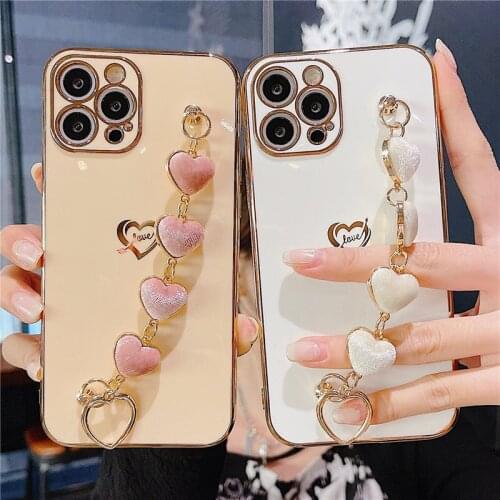 Electroplating Love Heart Cloth Velvet Bracelet Phone Case For iPhone 11 12 Pro Max X XR XS Max 7 8 Plus 12Mini Soft Back Cover