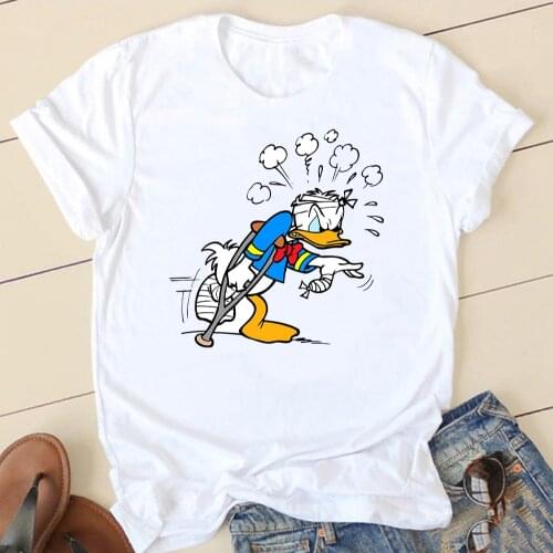 Disney New Short Sleeve Tees Oversized T-shirt Donald Duck Injured Printing Clothing Cartoon Funny Cute O-neck Loose Top Women