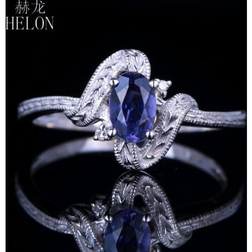 HELON Solid 14K Wihte Gold Flawless Oval 4x6mm Genuine Cordierite Diamonds Ring Women Engagement Vintage Antique Fine Jewelry