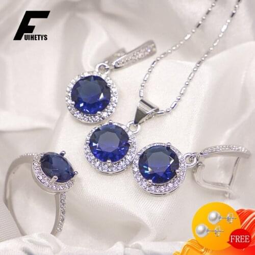 Luxury 925 Silver Jewelry Set Rings Earrings Necklace for Women Round Sapphire Zircon Gemstones Accessories Wedding Party Gifts