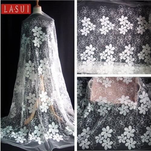 LASUI 1Y NEW 2019pretty white 3D Milk silk sequins embroidery lace fabric wedding decoration DIY vestido de noivaX0237