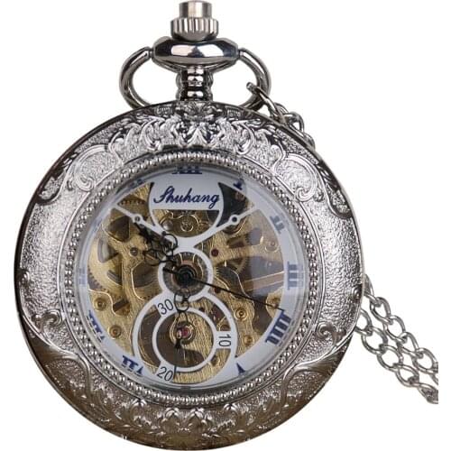 Silver Stainless steel Mechanical Pocket Watches Hollow Skeleton Hand-winding Retro Male Clock Pendant FOB Chain