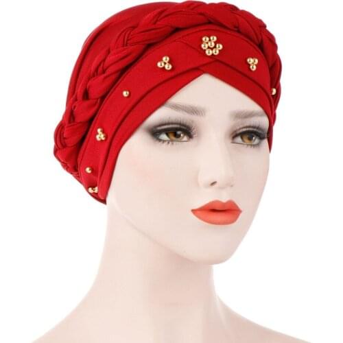 New Fashion Women Muslim Turban Solid Color Cotton Bandanas Beaded Braid Headwraps Women Hair Accessories