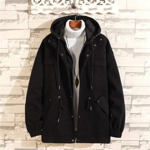 Mens Coats 2021 Autumn And Winter Wool Blends Vintage Black Khaki Jacket Japan Fashion With Hooded Clothes